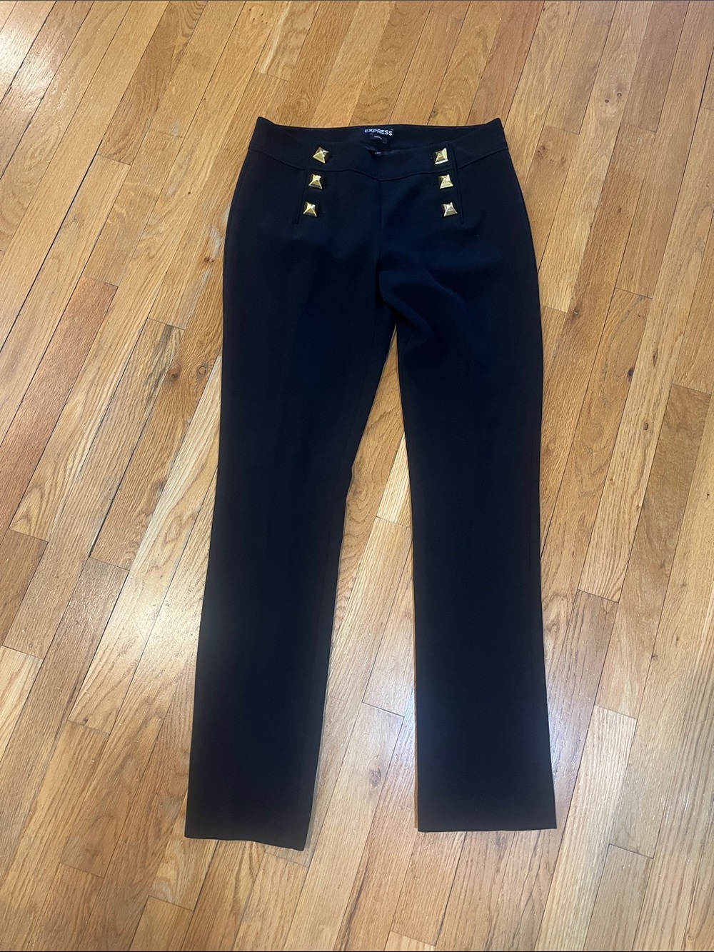 Express Black Straight-Leg Pants with Gold Pyramid Buttons
